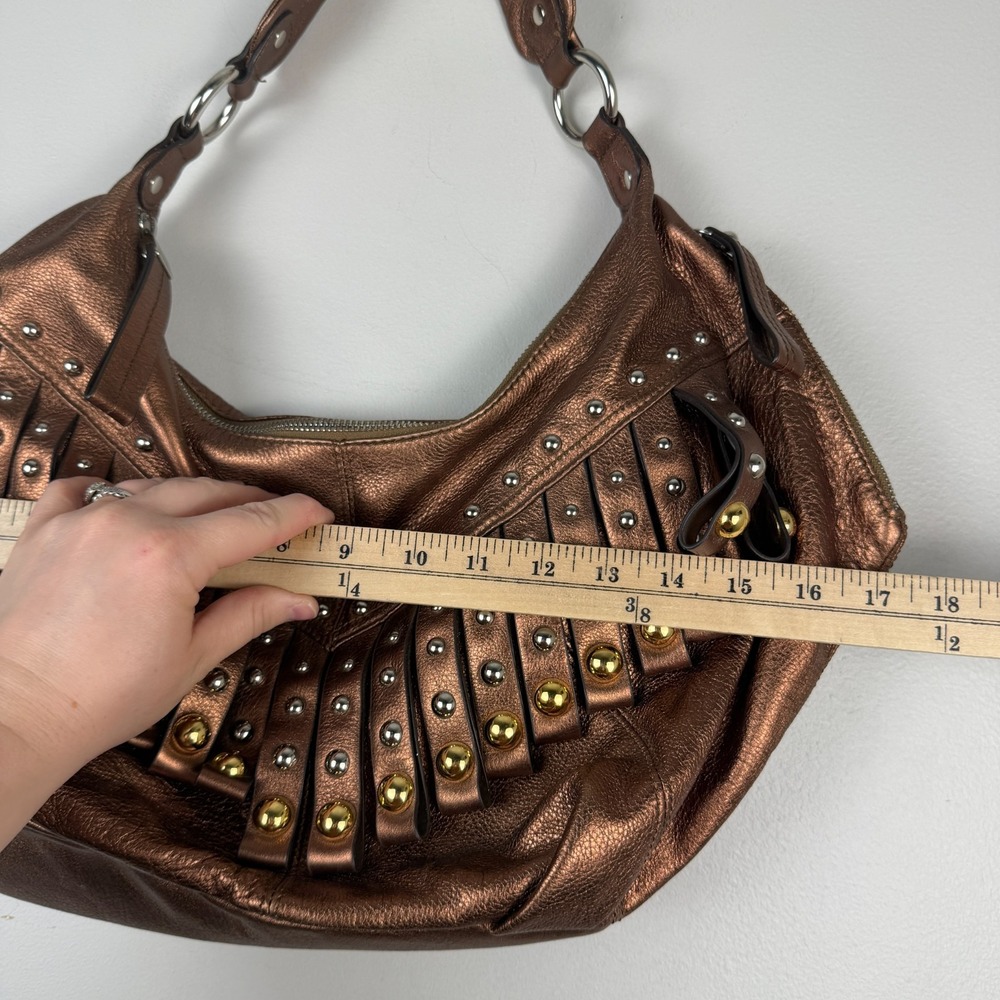 B. Makowsky Hobo Bag Women Metallic Bronze Leather Studded Fringe Shoulder Strap - Picture 13 of 16